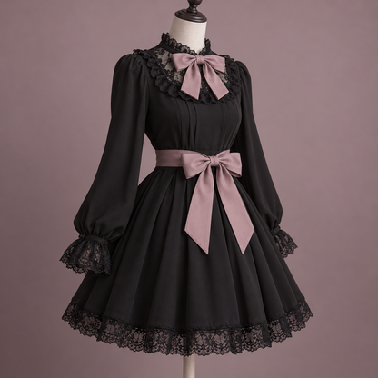 Angled view of black Jirai Kei dress with rose waist bow