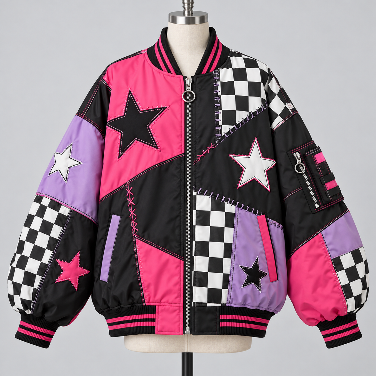 Harajuku patchwork bomber jacket in pink, lavender, black, and checkerboard