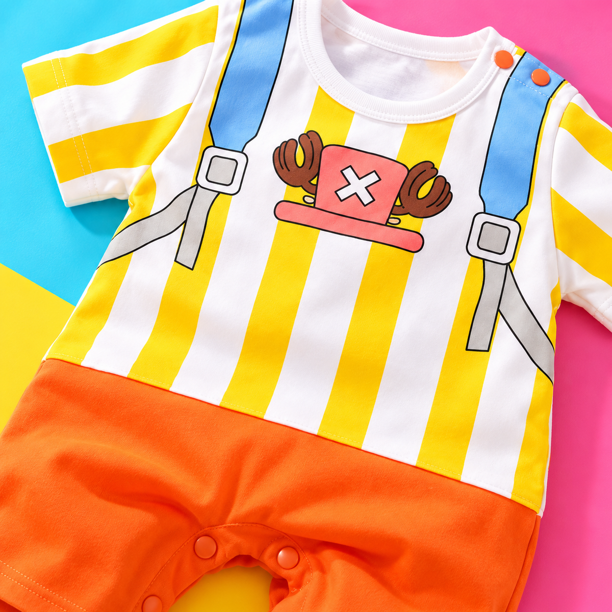 Colorful close-up of the Chopper-inspired chest graphic, blue straps, and orange snaps