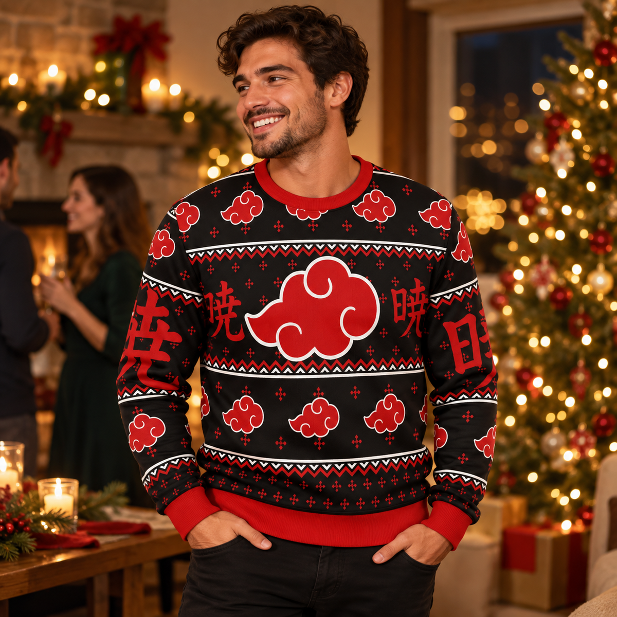 Model wearing the Akatsuki Kanji sweater at a Christmas gathering