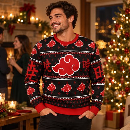Model wearing the Akatsuki Kanji sweater at a Christmas gathering