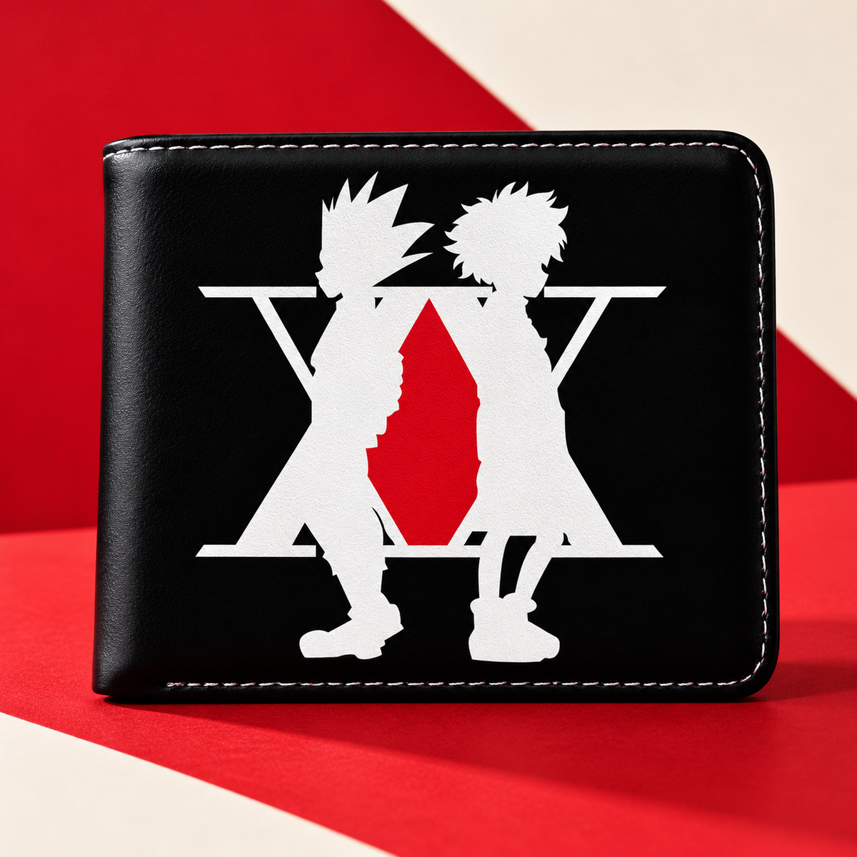 Black HxH Wallet front view with white character silhouettes and red diamond