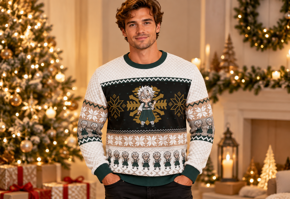 Sanemi sweater worn in a professional holiday studio photoshoot