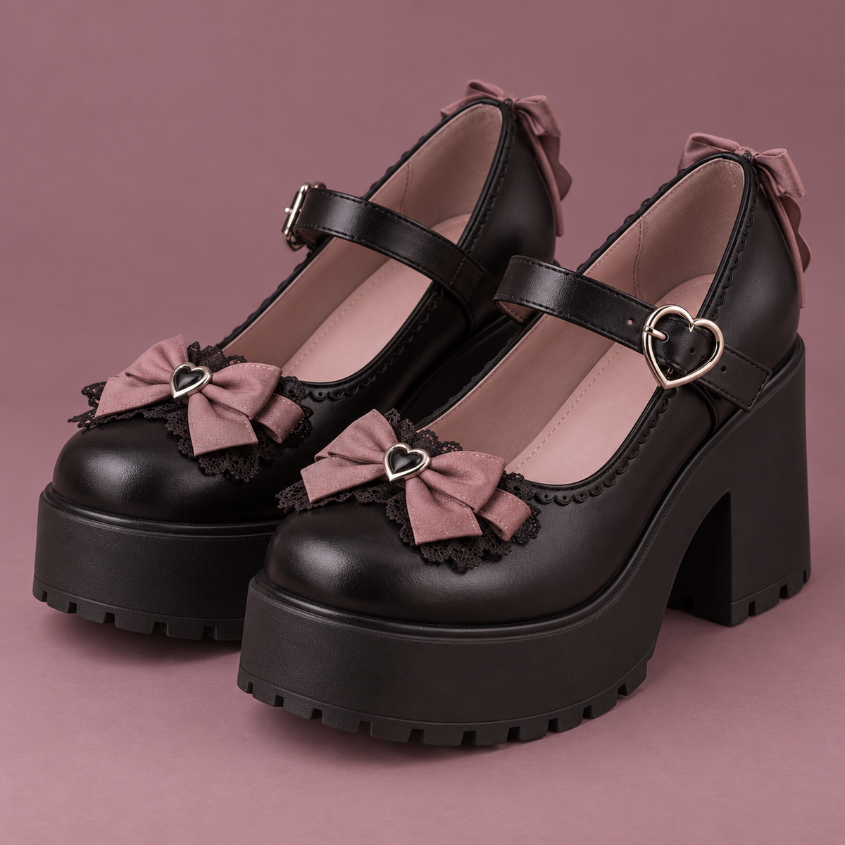 Black platform Mary Jane shoes with heart buckles and dusty rose bows