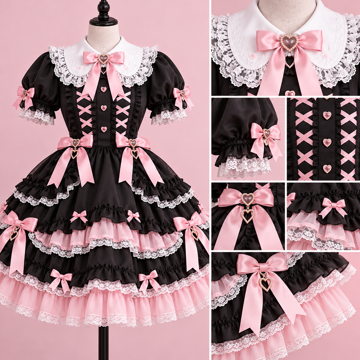 Detail of lace collar, heart accents, and layered ruffles on Harajuku dress