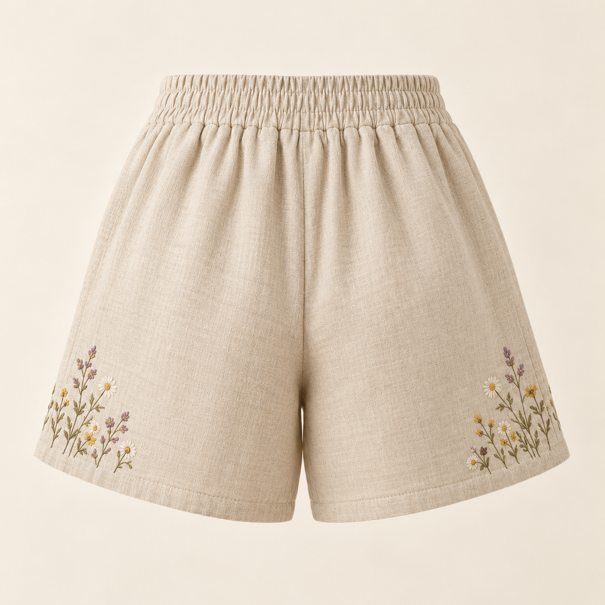 Oatmeal Mori Kei shorts with wildflower embroidery, back view