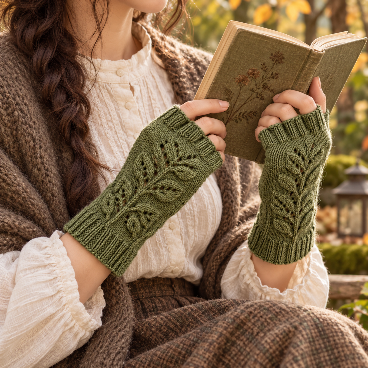 Moss-green Mori Kei fingerless gloves styled with a cream blouse and book