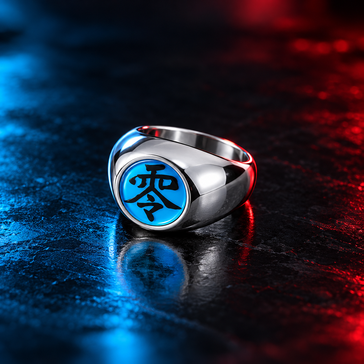 Pain Rei Akatsuki ring in three-quarter view with cyan 零 face