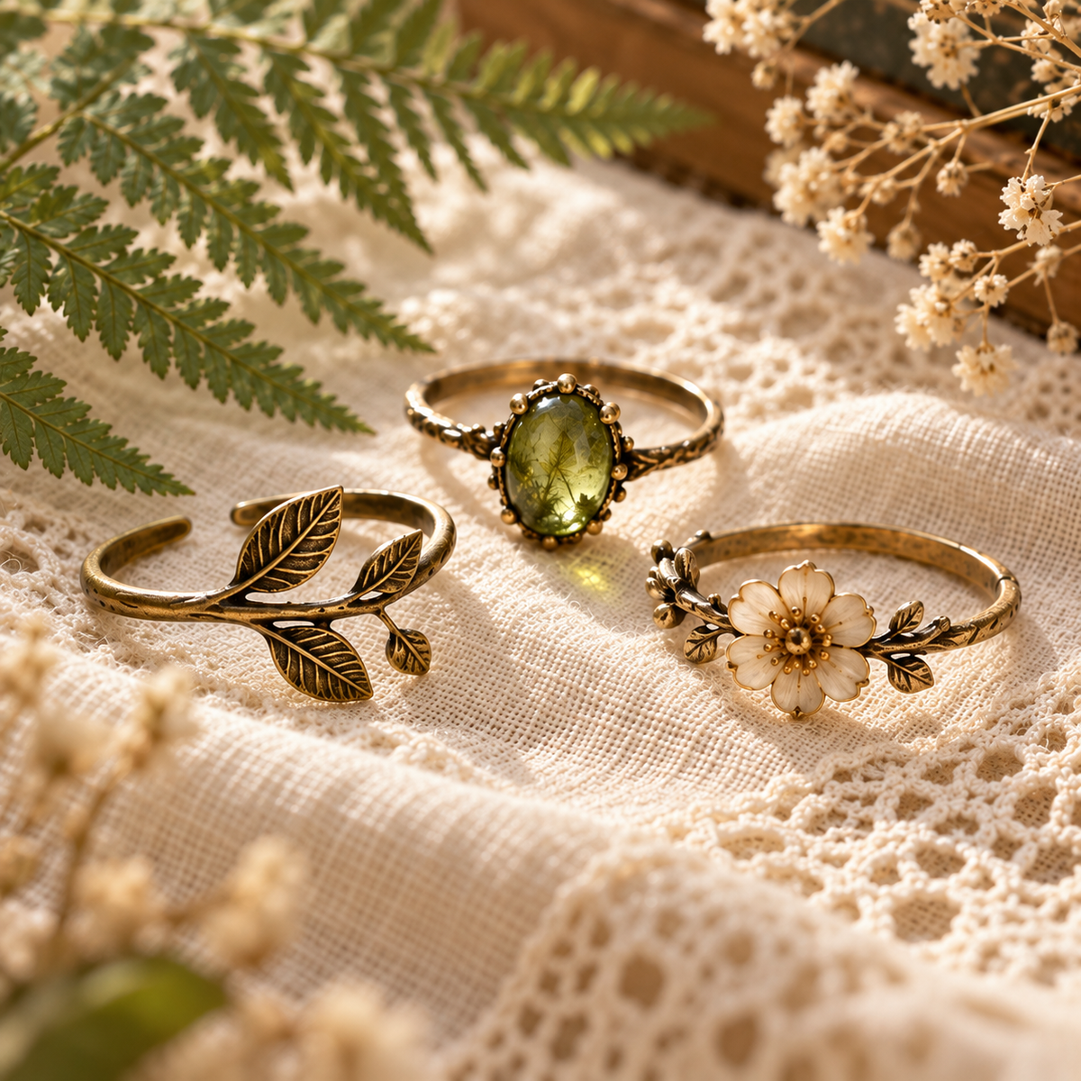 Close detail of three Mori Kei botanical rings on lace and linen