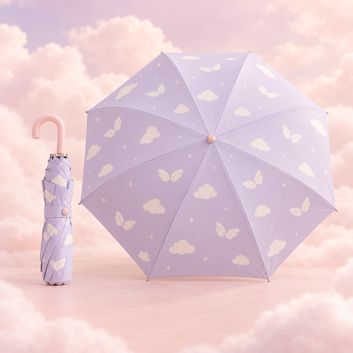 Tenshi Kawaii pastel umbrella shown folded and open with wing patterns