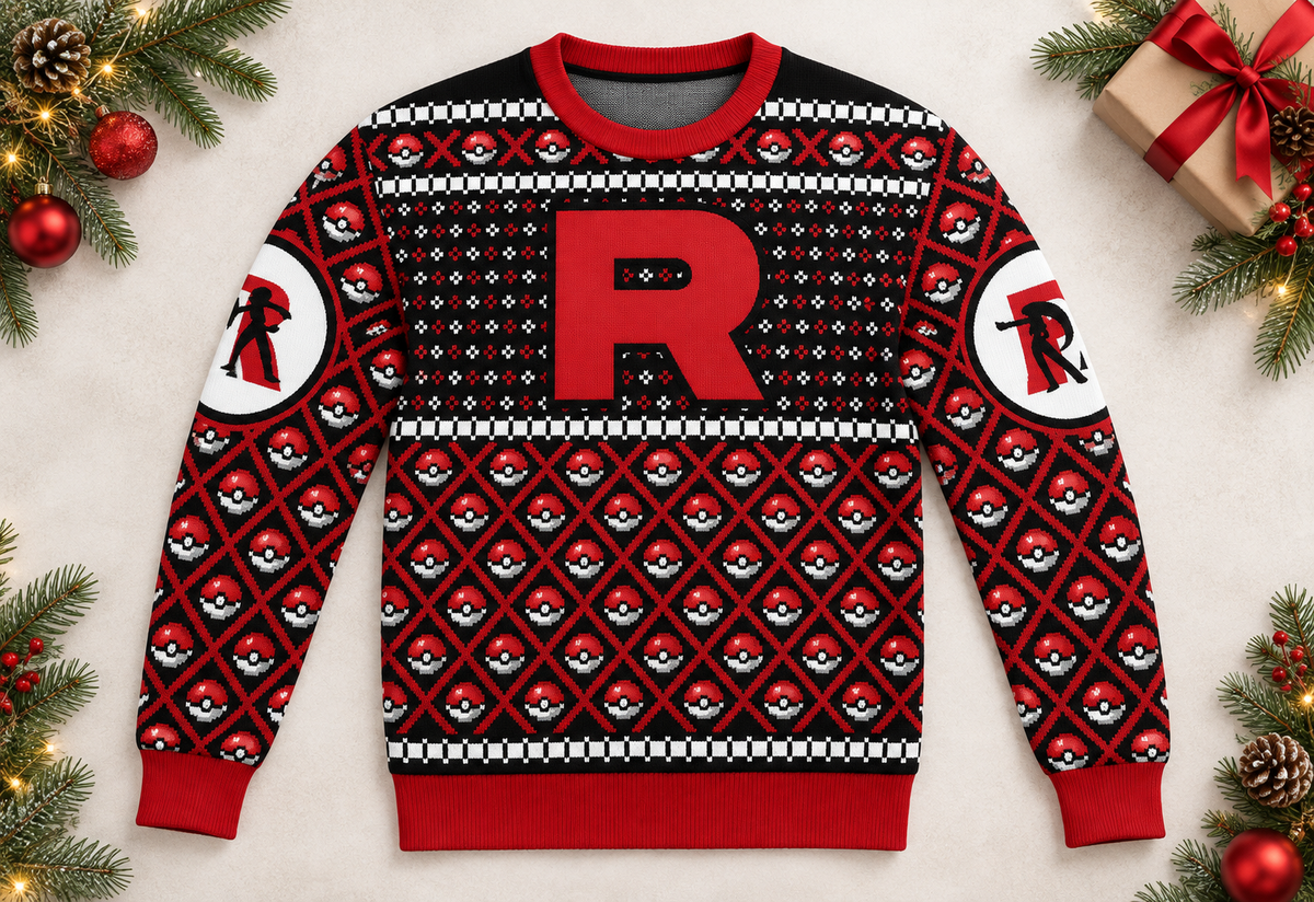 Team Rocket sweater styled flat lay product photo