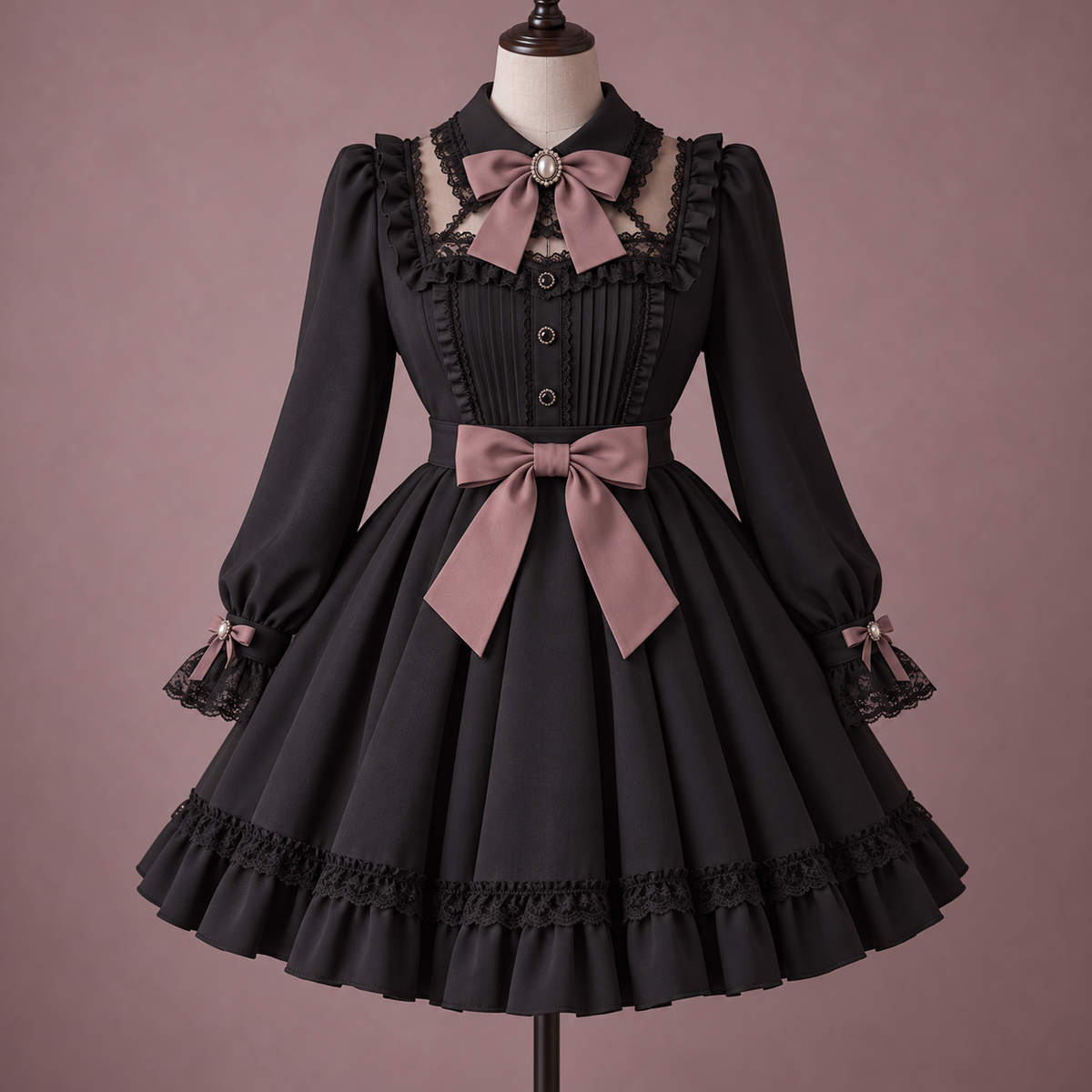 Black Jirai Kei dress with dusty rose bows and lace trim