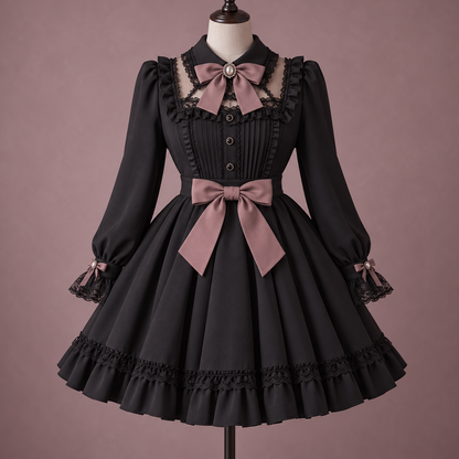 Black Jirai Kei dress with dusty rose bows and lace trim