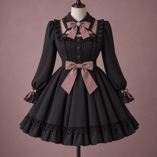 Black Jirai Kei dress with dusty rose bows and lace trim