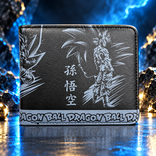 Super Saiyans wallet front with monochrome character art on cobalt and silver backdrop