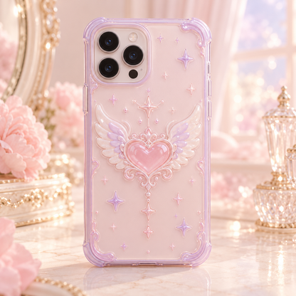 Tenshi Kawaii pink phone case with a winged heart and tiny stars
