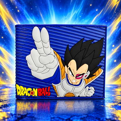 Vegeta Dragon Ball wallet front on a royal blue and gold energy backdrop