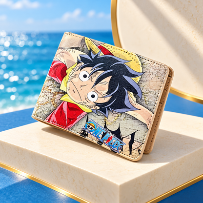 Luffy Crew wallet angled closed view on blue and cream display