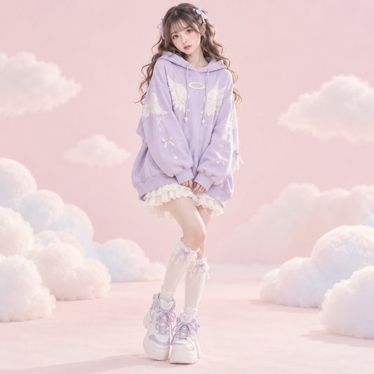 Model wearing a pastel lavender Tenshi Kawaii angel wing hoodie