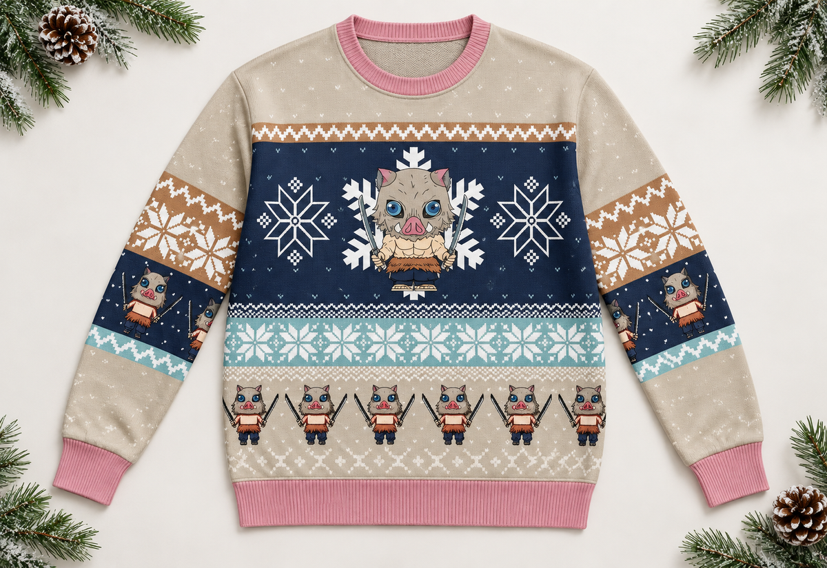 Inosuke sweater arranged in a professional holiday flat lay