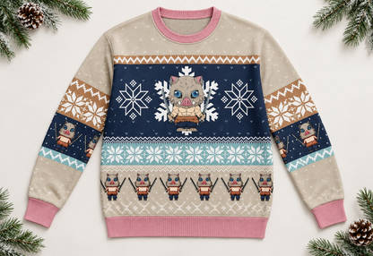 Inosuke sweater arranged in a professional holiday flat lay