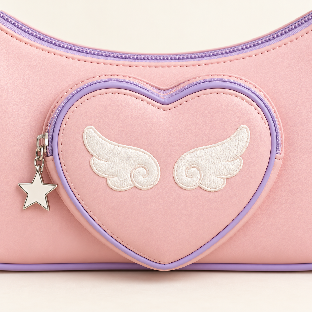 Close-up of the heart pocket and angel wing charm on the shoulder bag