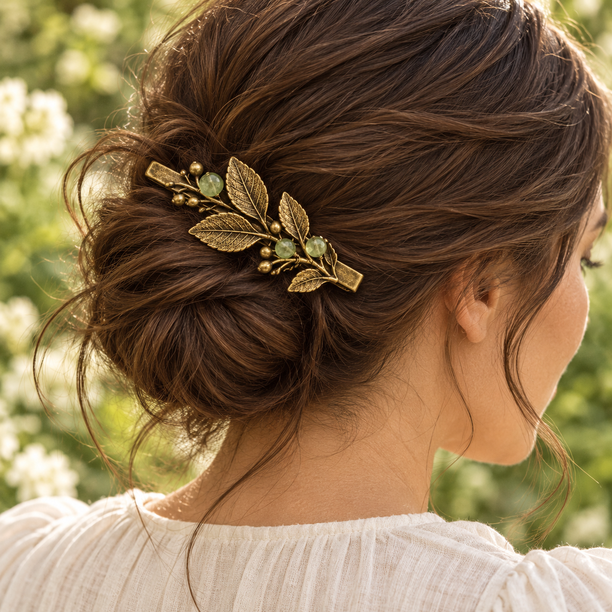 Fern hair clip styled in a loose bun