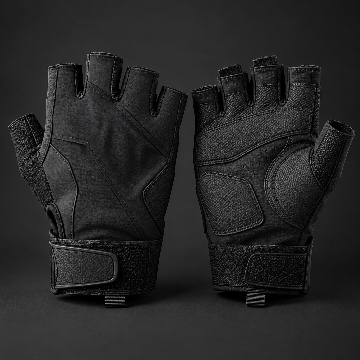 Pair of black fingerless techwear gloves with reinforced palm panels