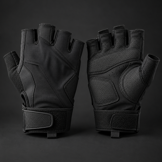 Pair of black fingerless techwear gloves with reinforced palm panels