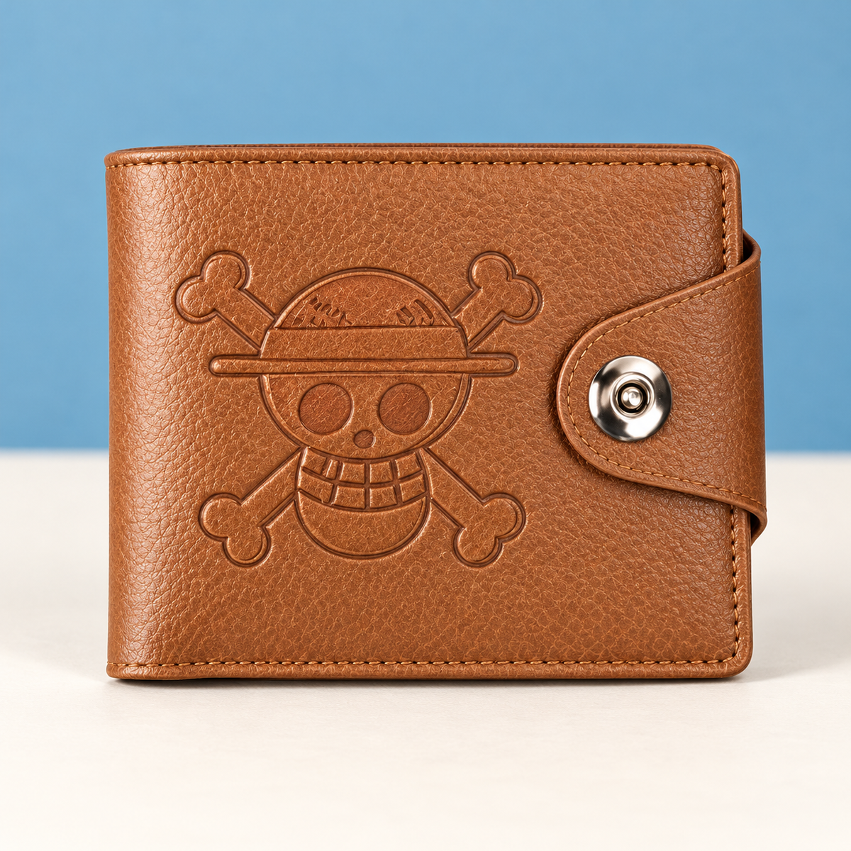 Light brown Straw Hat Pirates Wallet with embossed emblem and snap closure
