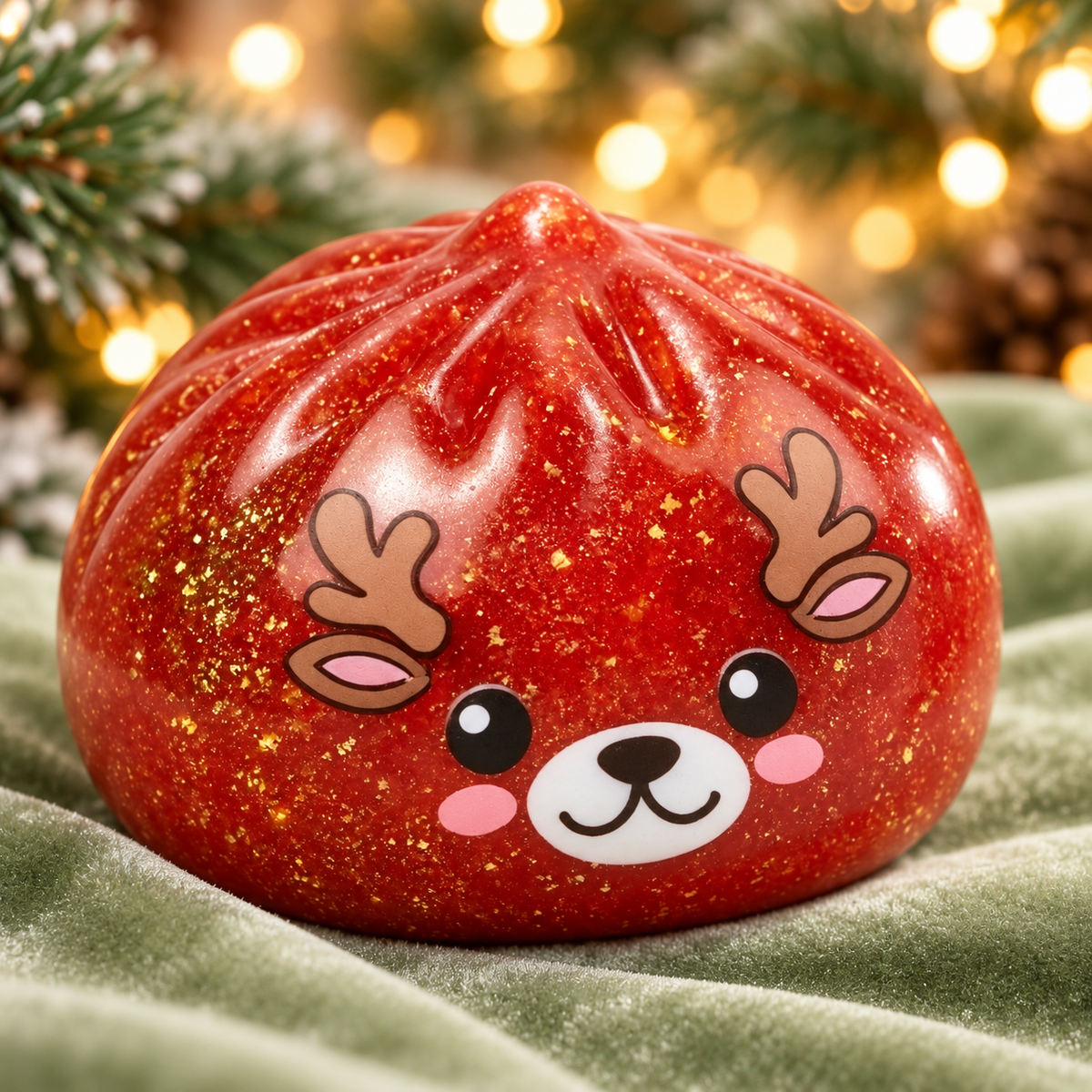Red glitter reindeer dumpling squishy in festive greenery with warm lights