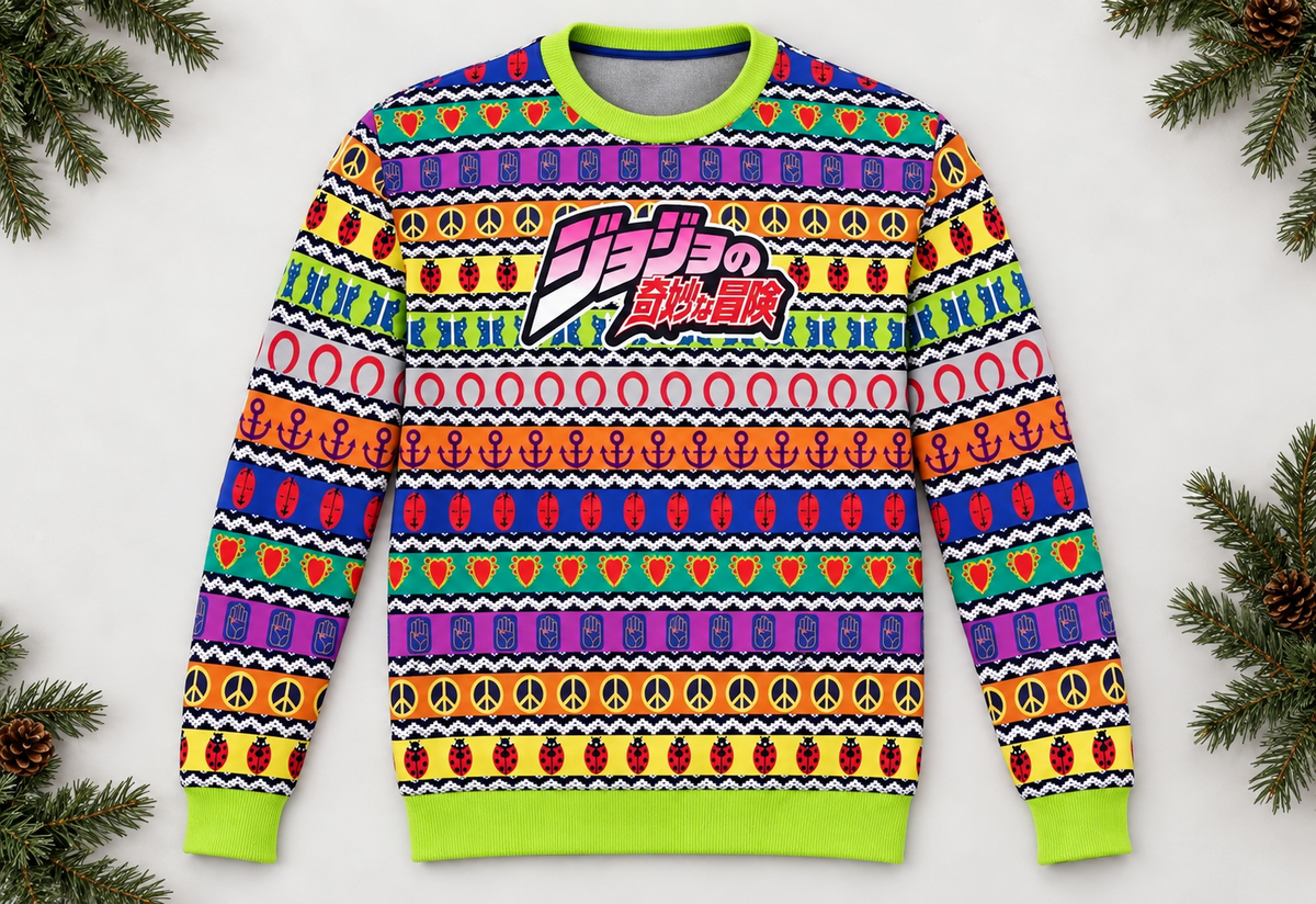 JJBA sweater arranged in a professional holiday flat lay