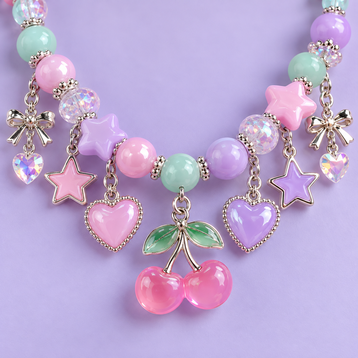 Close-up of pastel beads and colorful charms on Harajuku necklace