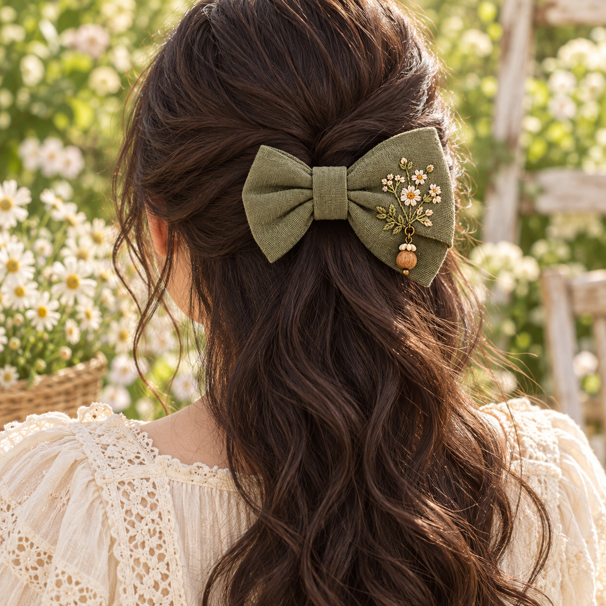 Olive-green embroidered Mori Kei bow barrette worn in dark hair