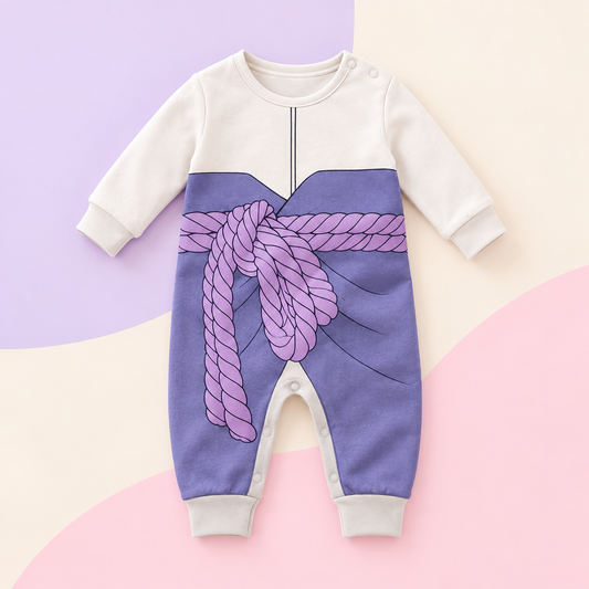 Front view of Sasuke-inspired full-length romper in cream and light lavender