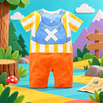 Vibrant back view of the Chopper-inspired romper with its blue backpack graphic