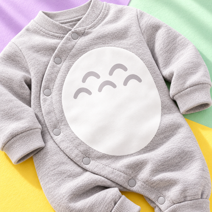 Close-up of the Totoro-inspired romper’s belly detail and diagonal snaps