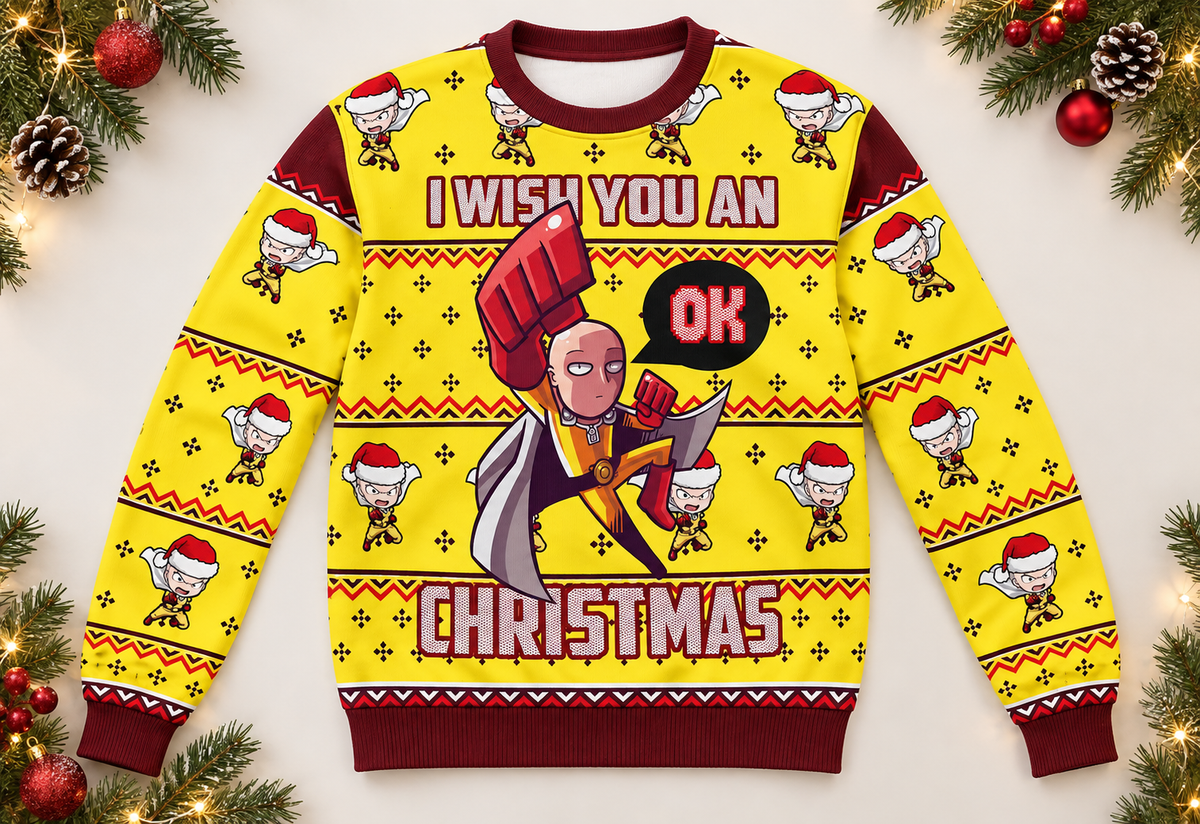 Saitama sweater arranged in a professional holiday flat lay
