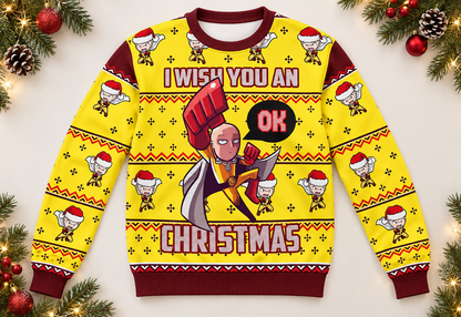Saitama sweater arranged in a professional holiday flat lay