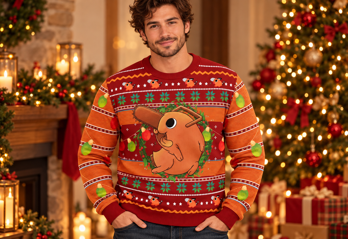 Pochita sweater worn in a professional holiday studio photoshoot