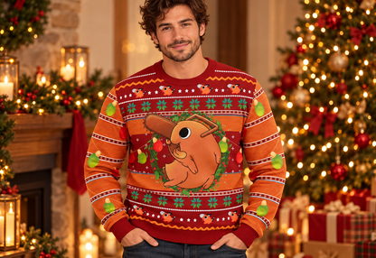 Pochita sweater worn in a professional holiday studio photoshoot