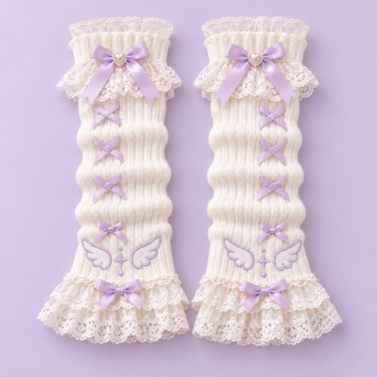Full view of the ivory angel wing arm warmer pair