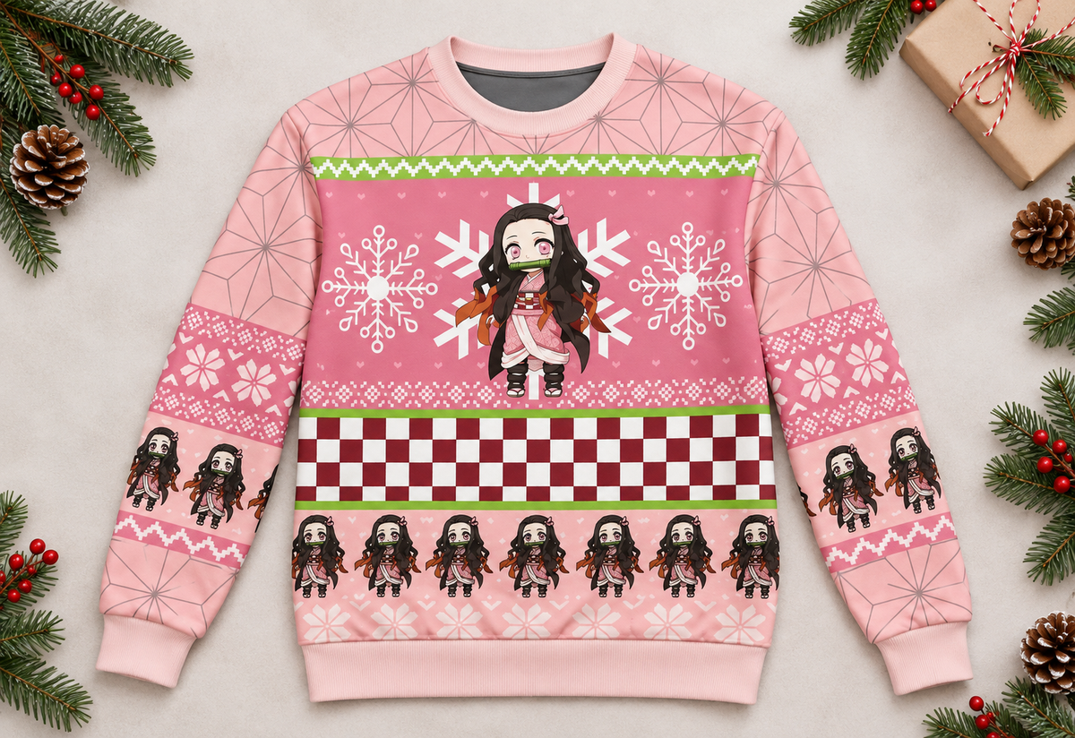 Nezuko sweater worn in a professional holiday studio photoshoot