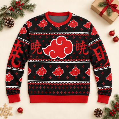 Flat-lay view of the Akatsuki Kanji black holiday sweater with red clouds