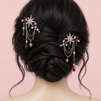 Silver star Gyaru hair combs styled in a dark updo