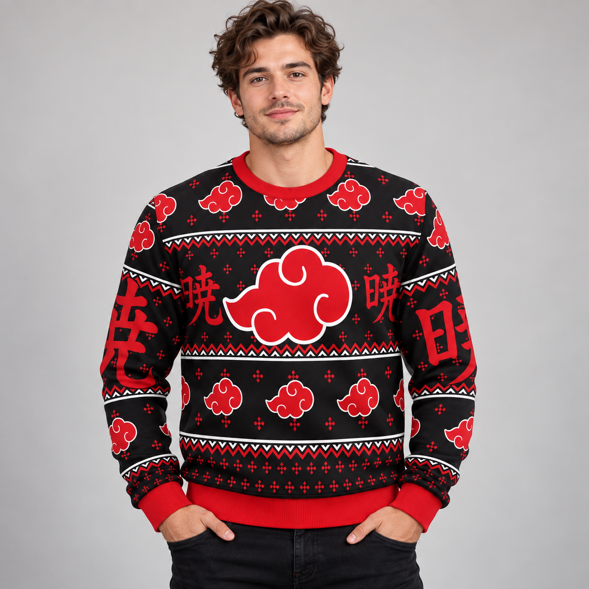 Model wearing the Akatsuki Kanji black and red Christmas sweater