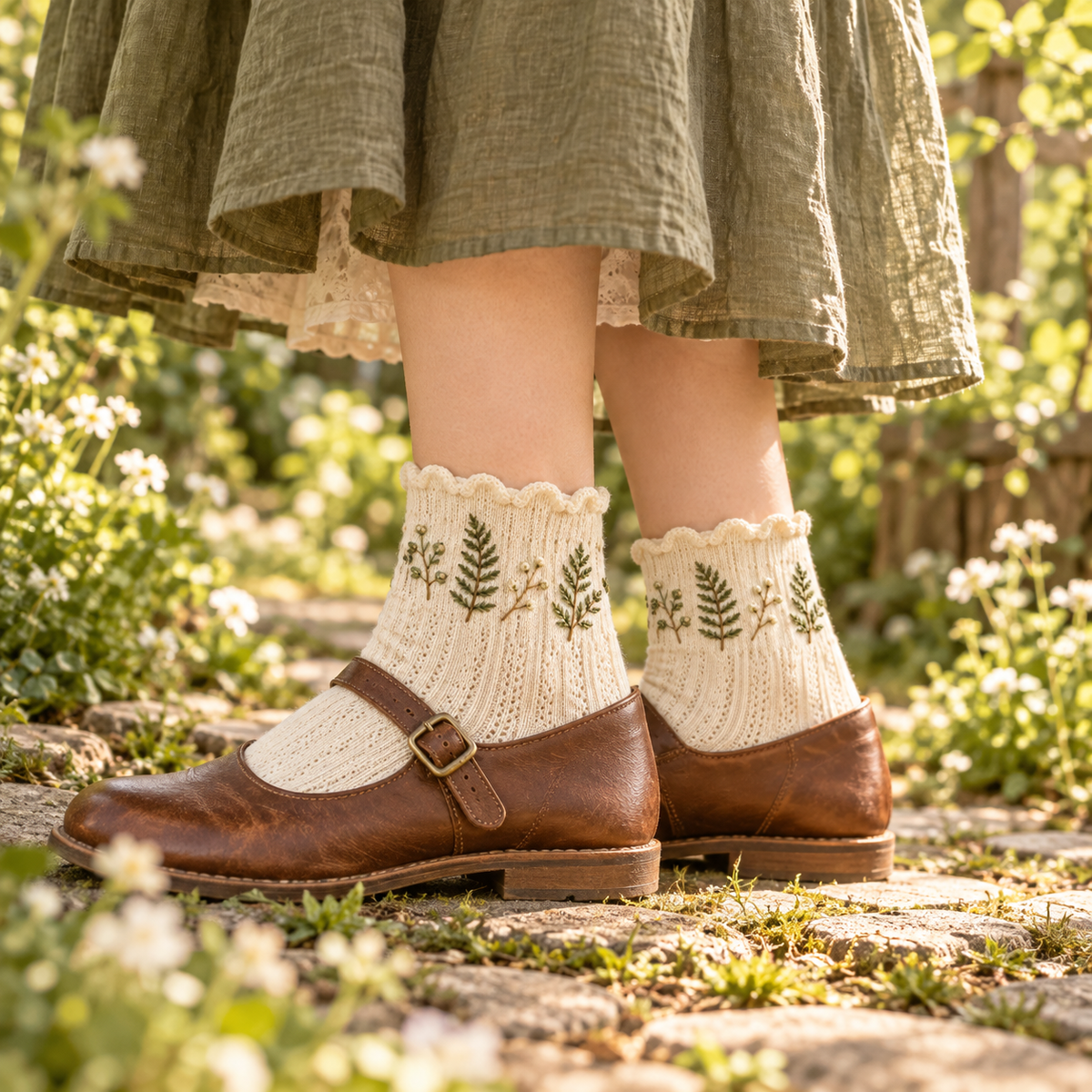 Cream fern-embroidered Mori Kei ankle socks styled with brown shoes and an olive skirt
