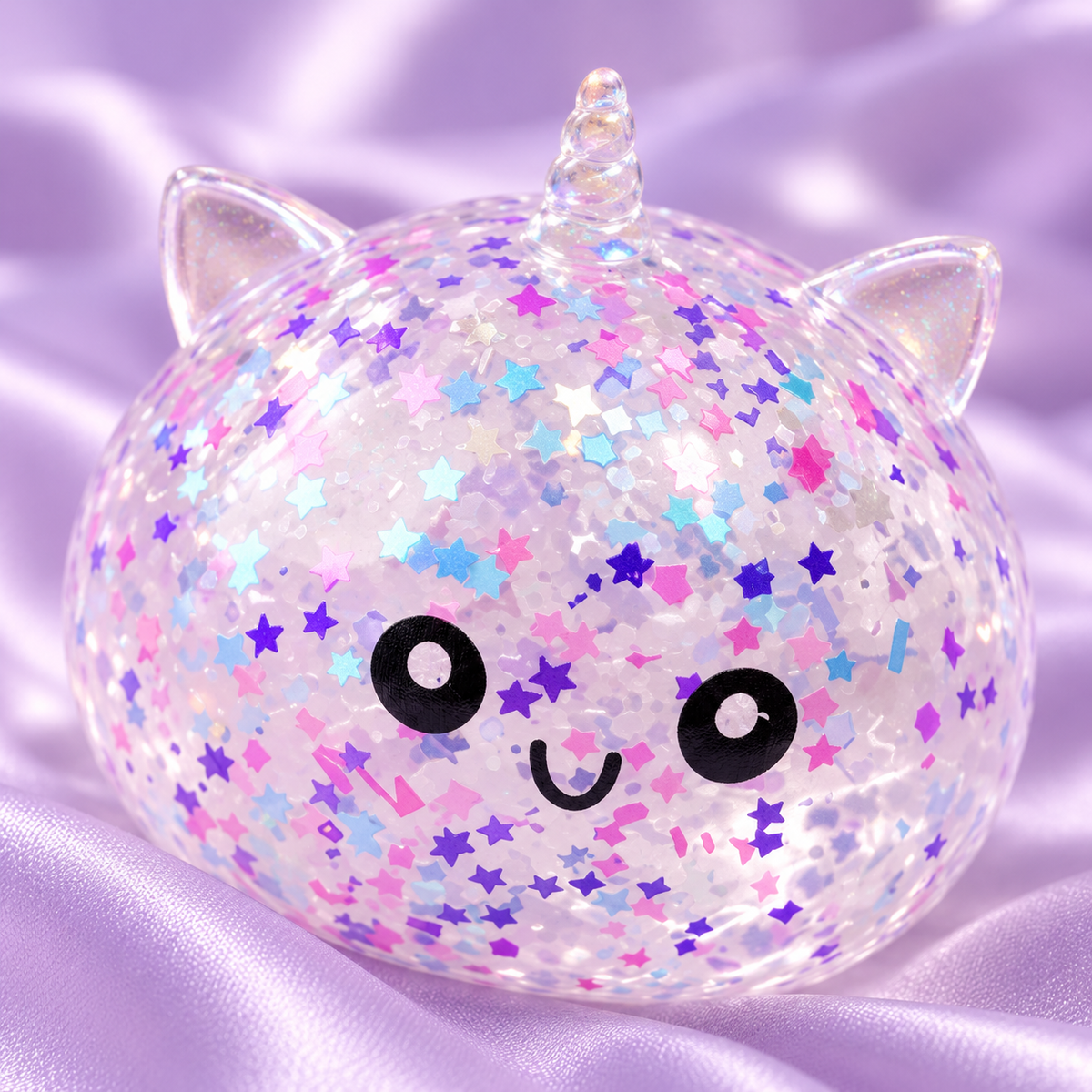 Close-up of Stardust Unicorn Sparkle dumpling squishy showing colorful star confetti and unicorn details