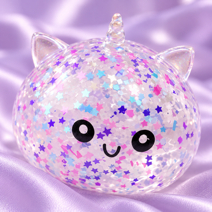 Close-up of Stardust Unicorn Sparkle dumpling squishy showing colorful star confetti and unicorn details