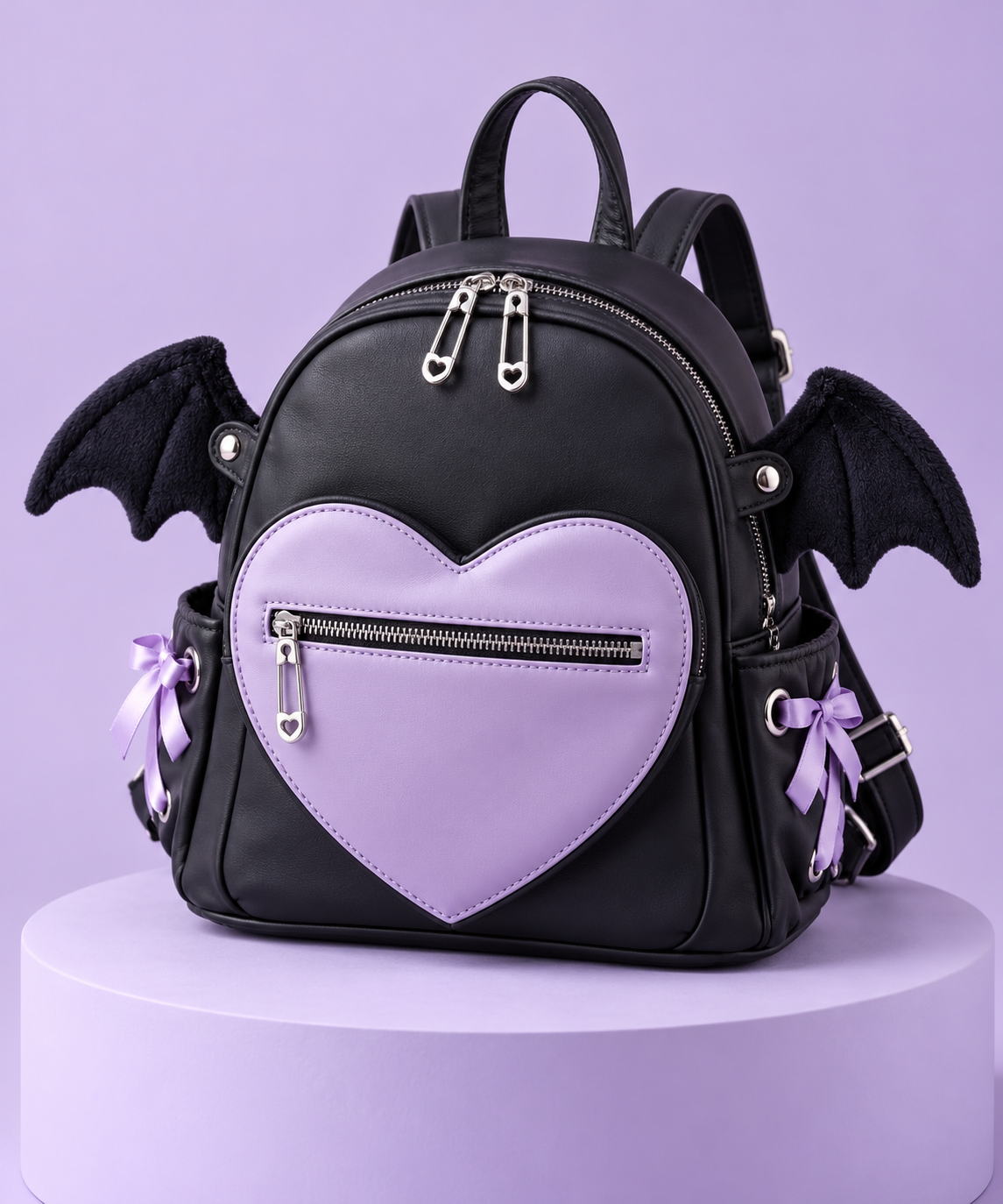 Black Yami Kawaii mini backpack with lavender heart pocket and bat wing details